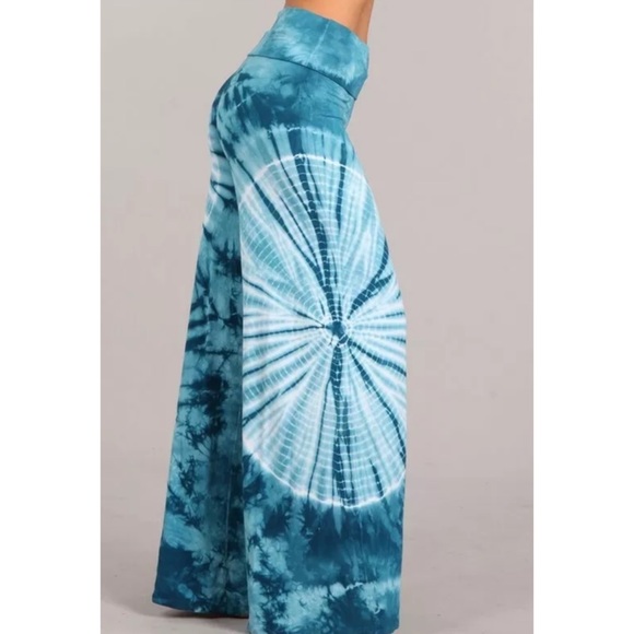 Teal Boho Tie Dye Wide Leg Palazzo Stretch Pants - Picture 3 of 6